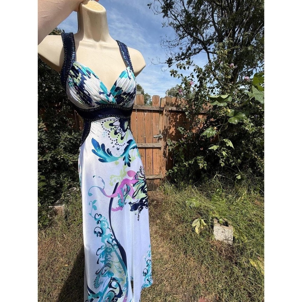 Y2K Morgan & Co. White/ Blue Beaded Floral Silk Dress